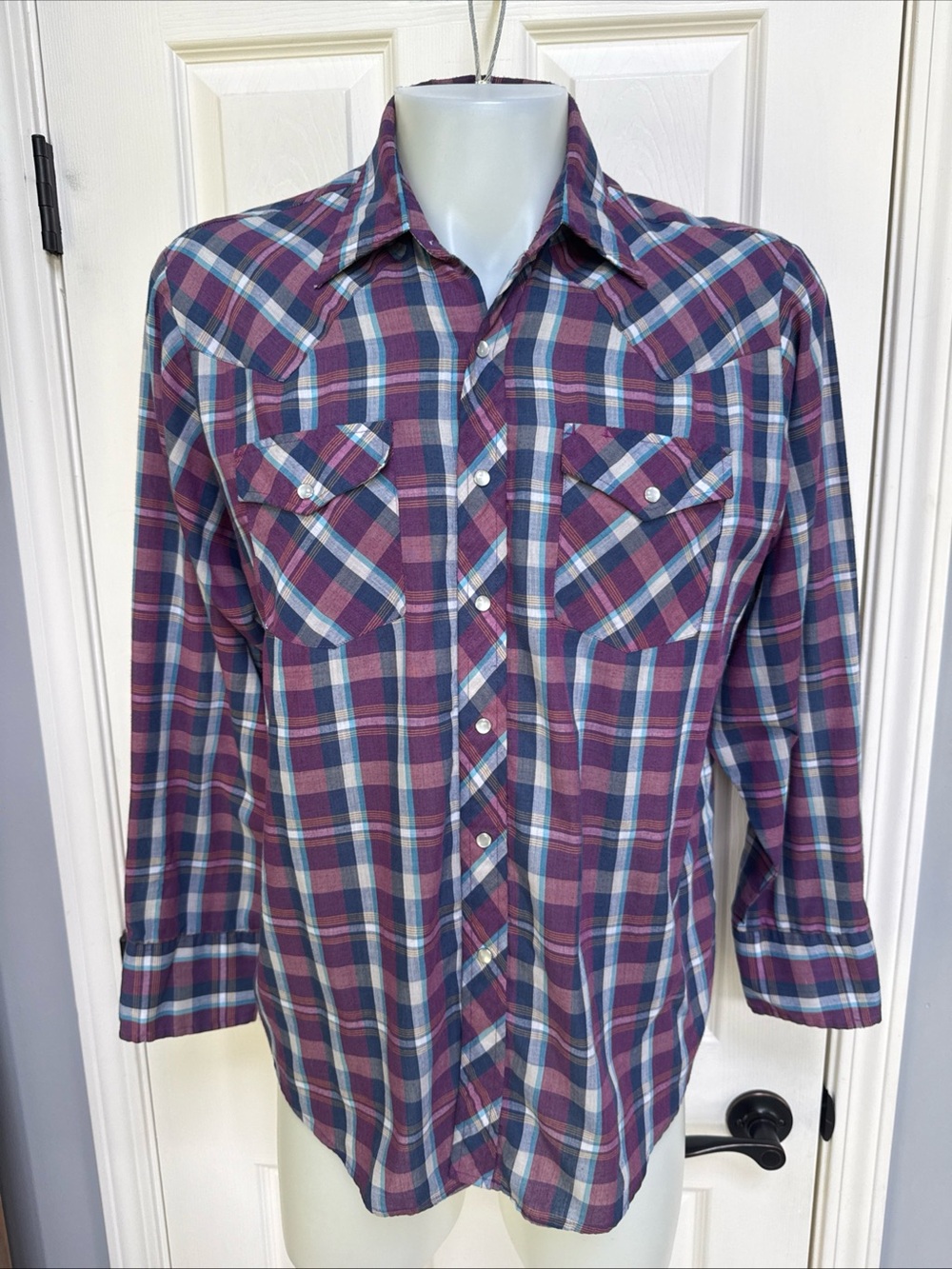 Vtg BORDER TOWN Western Pearl Snap Shirt Men Button Up Plaid Cowboy XL 17 x 17.5